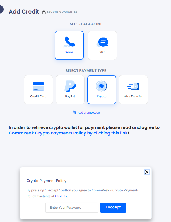 Screensghot with accepting the Crypto Payment Policy