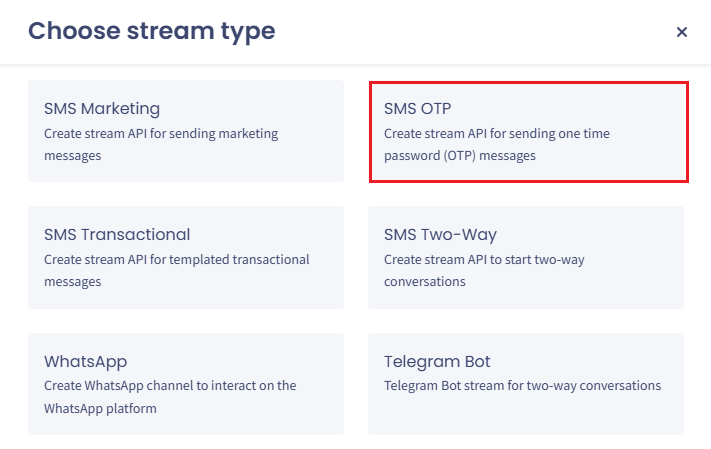Screenshot of the stream type options: **OTP**