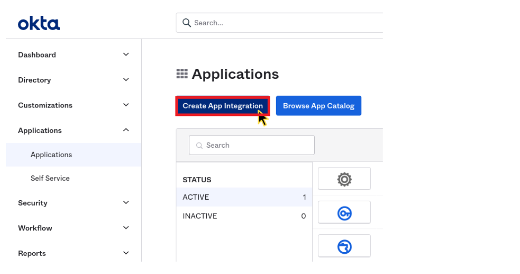 Okta Applications dashboard with Create App Integration button highlighted.