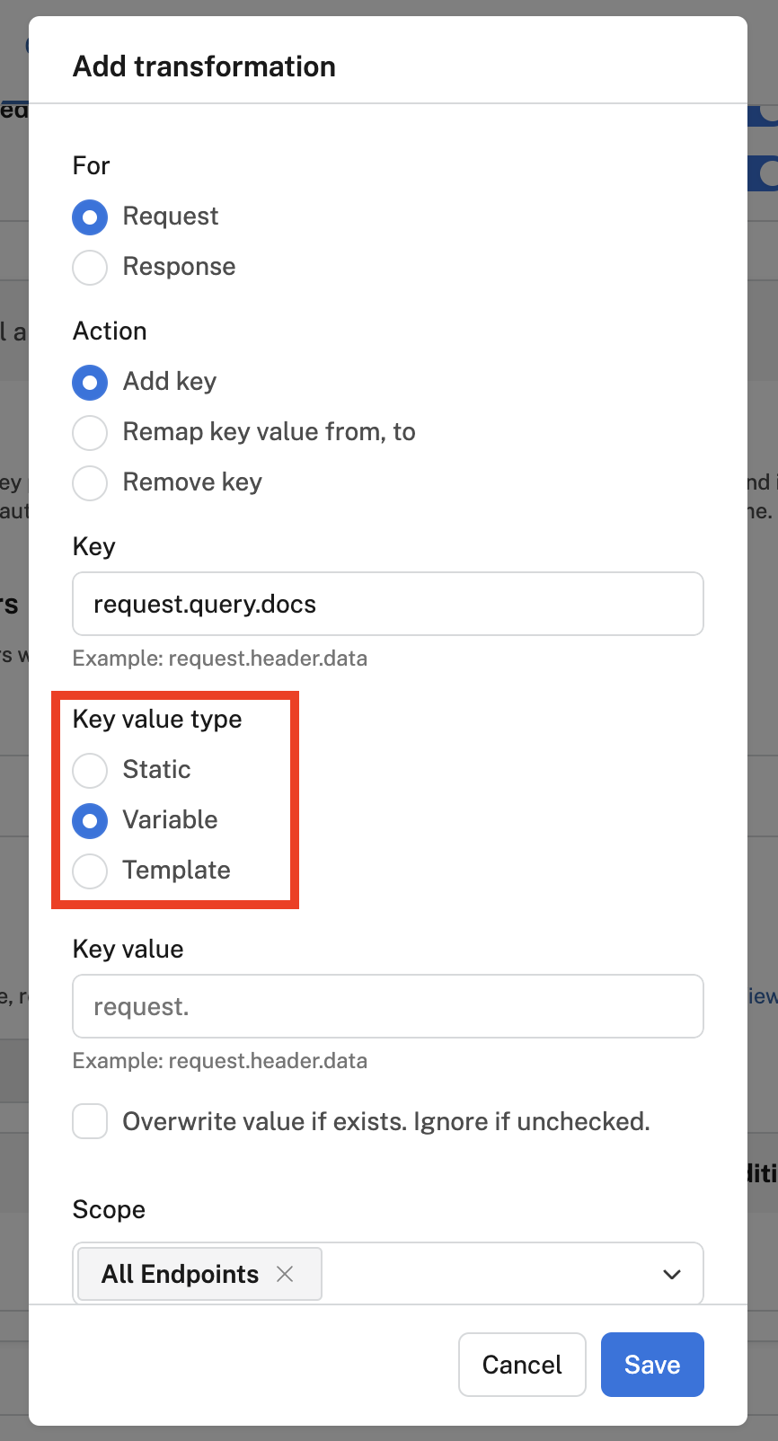 Selecting a Variable value for the new 'docs' query parameter.