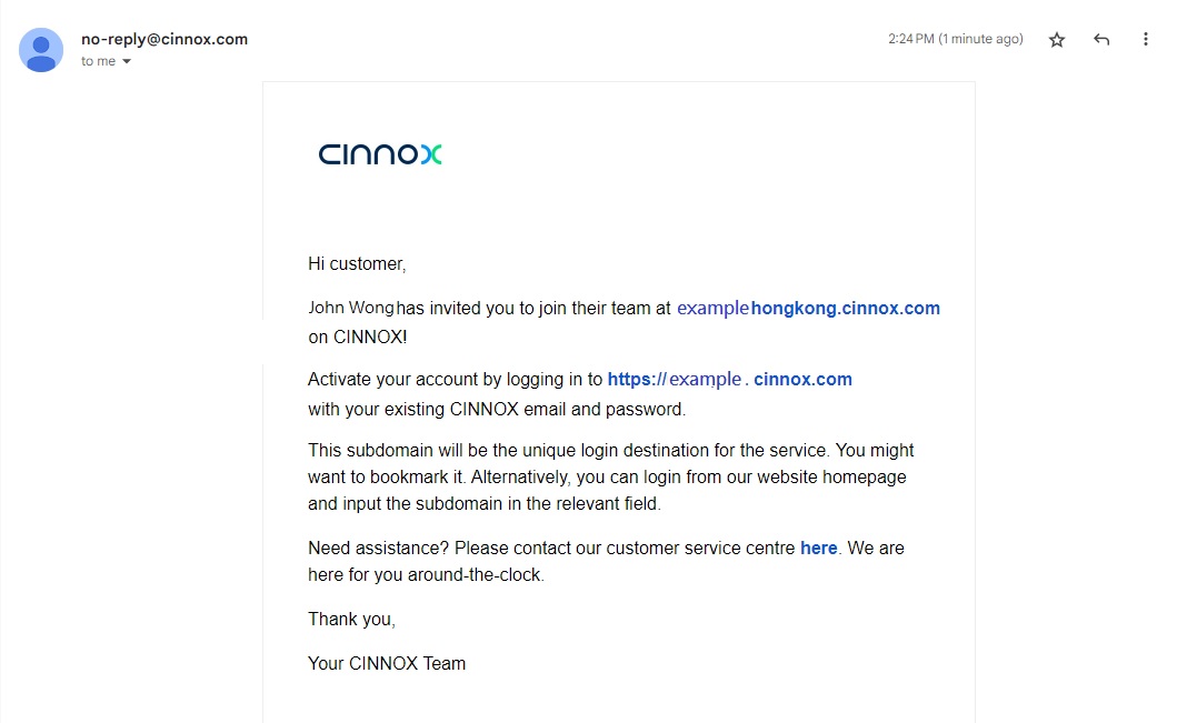 CINNOX發出的電子郵件例子