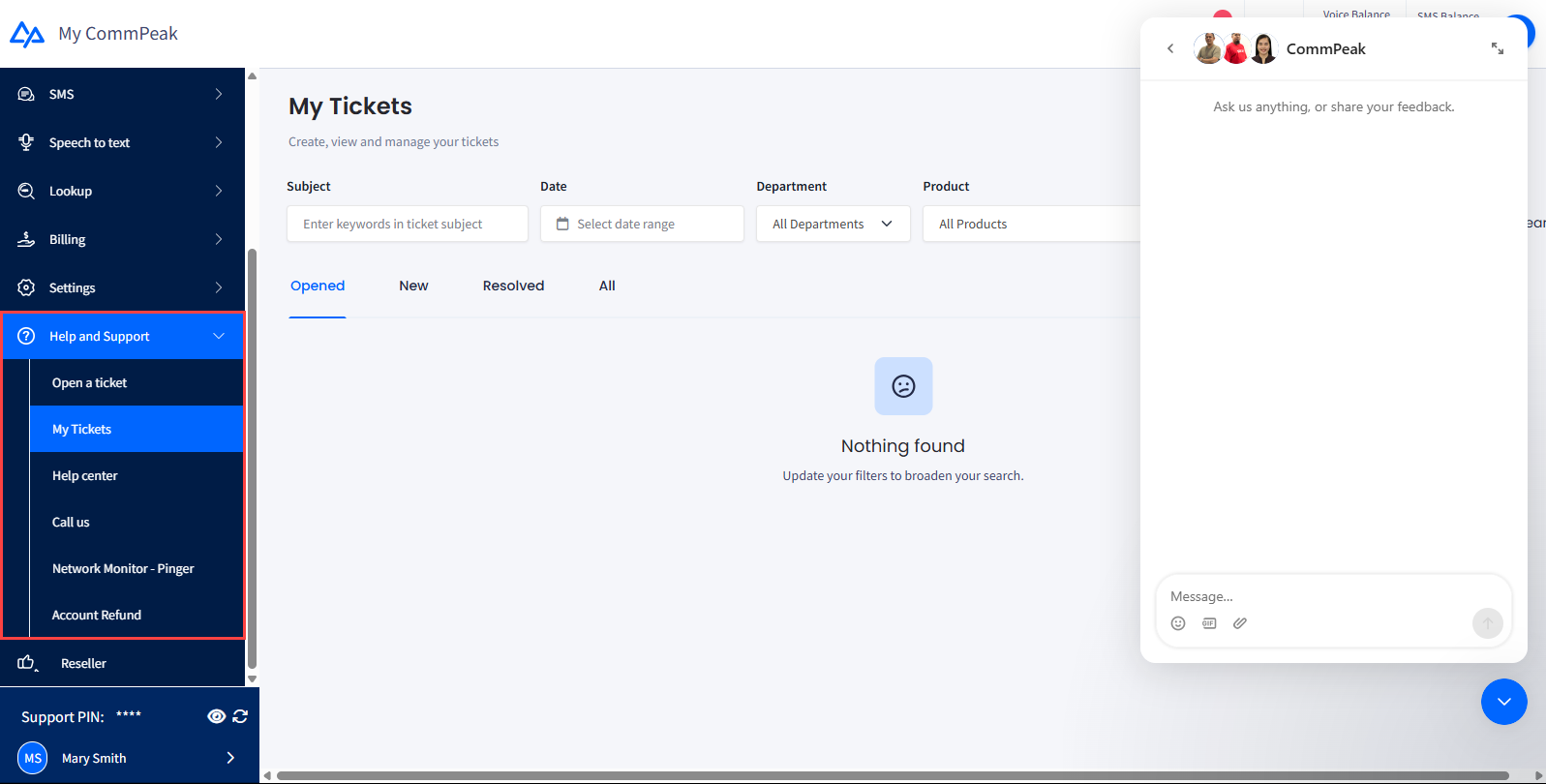 Screenshot of the Help and Support Options