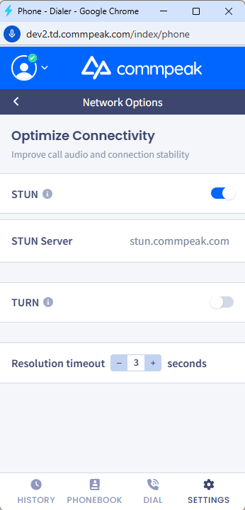 Screenshot of enabling STUN protocol settings