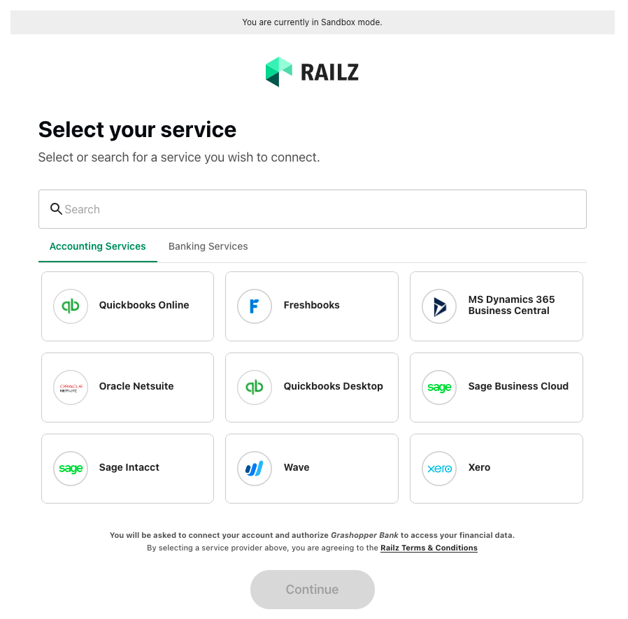 Railz Connect - the business customers view when connecting their service providers to Railz.