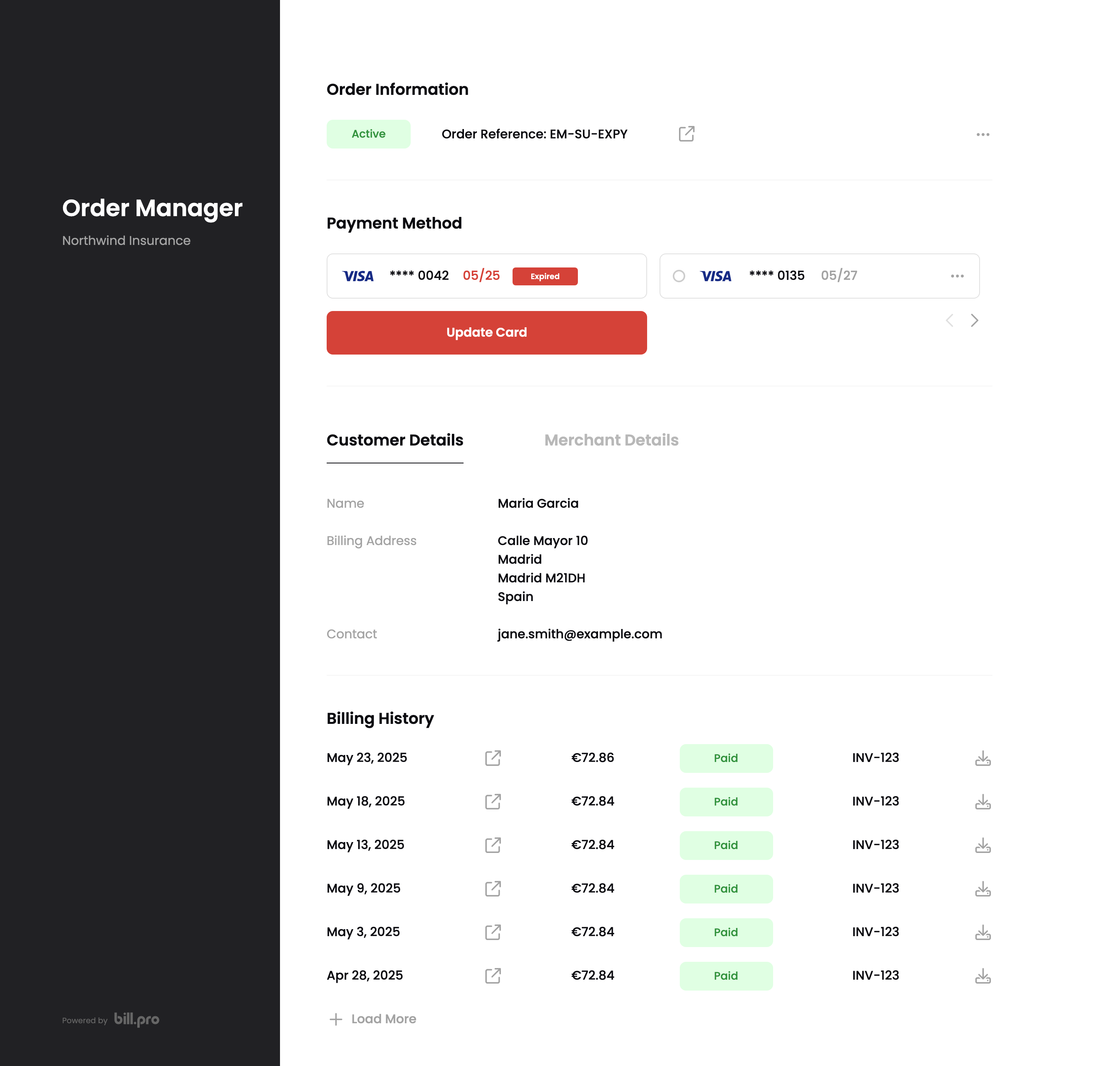 The order portal with the customer's cards under Payment Method