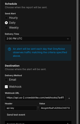 Configuring a GreyNoise IP alert webhook destination
