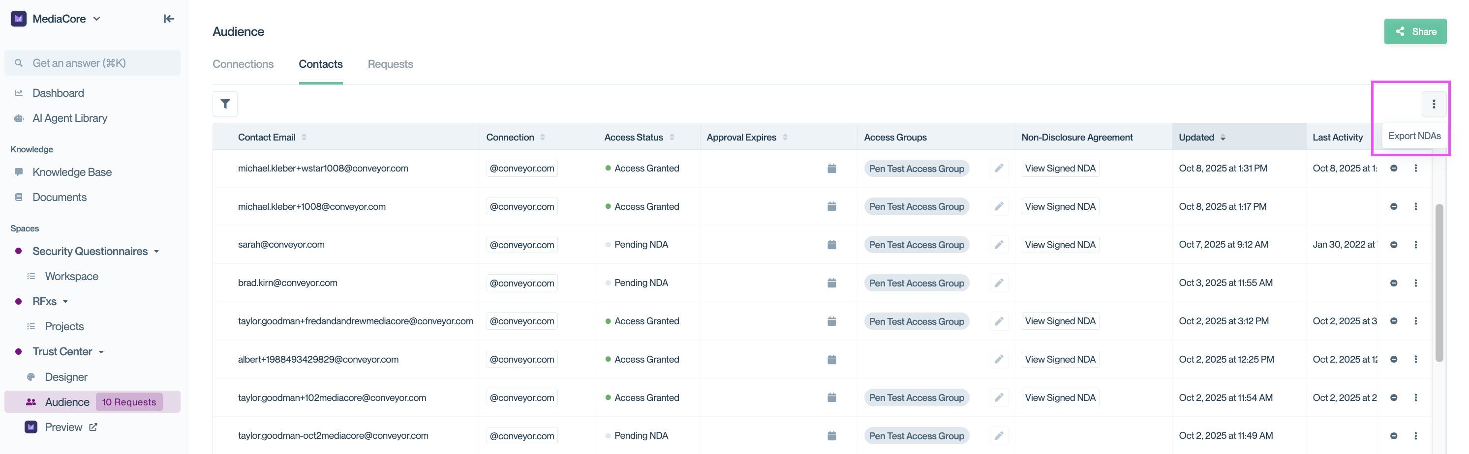 Ellipsis menu in the Contacts table with 'Export NDAs' option highlighted.
