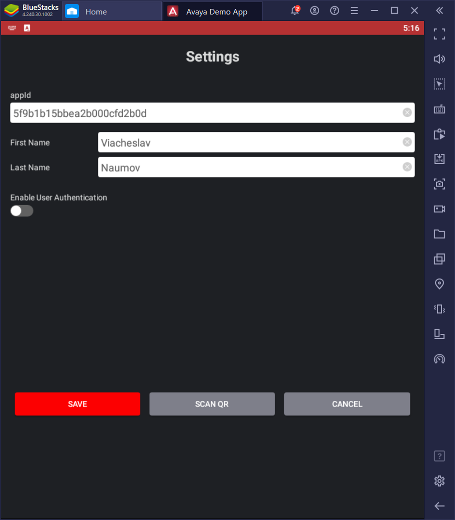 Avaya Demo App Settings