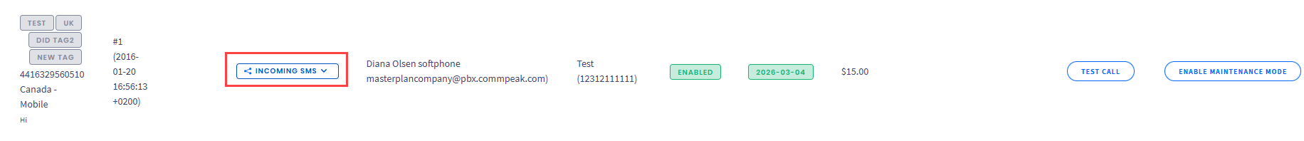 Screenshot of the INCOMING SMS button enabled