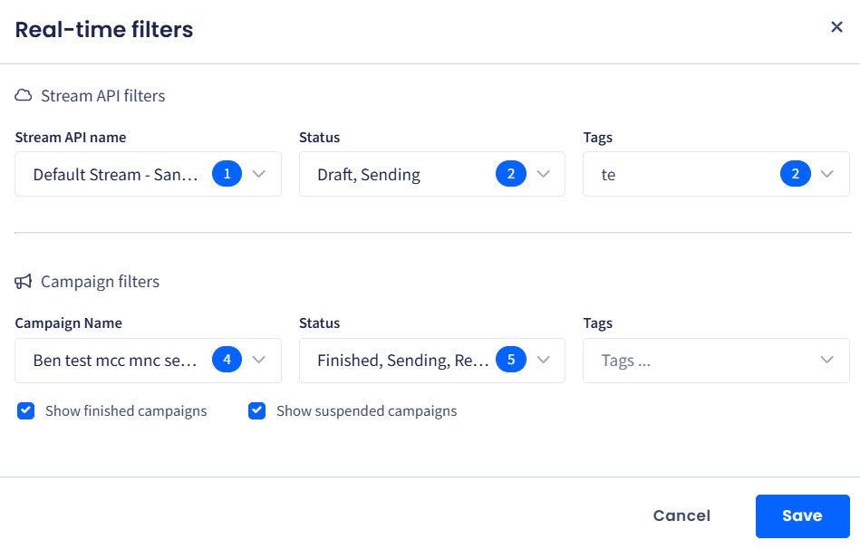 Screenshot of the Real-time filters page