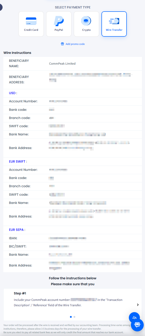 Screenshot with the Wire Transfer payment type selected