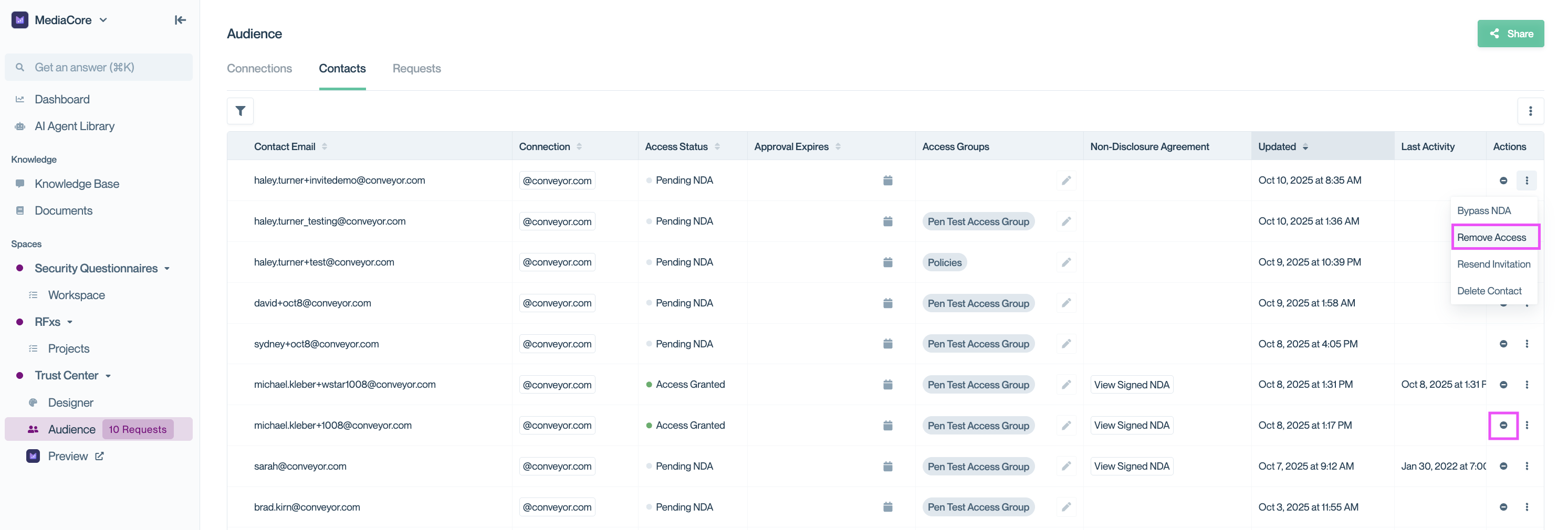 Individual Contacts tab showing the utility menu open with the 'Remove Access' option. Remove access for a specific user from the Individual Contacts sub-tab.