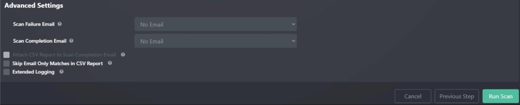 Advanced Scan Settings Screen