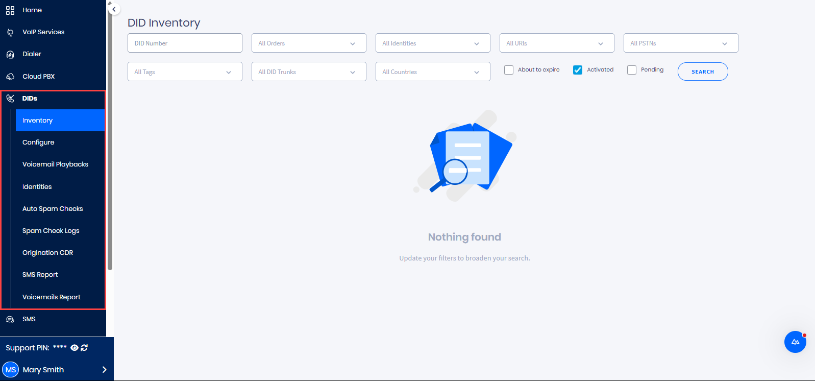 Screenshot of the DIDs tab menu