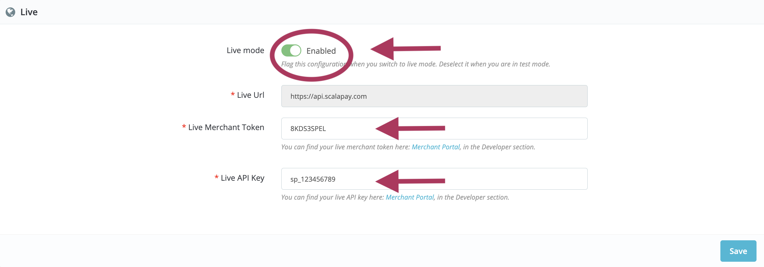 Flag the Live mode and enter the Live merchant token and the Live API key