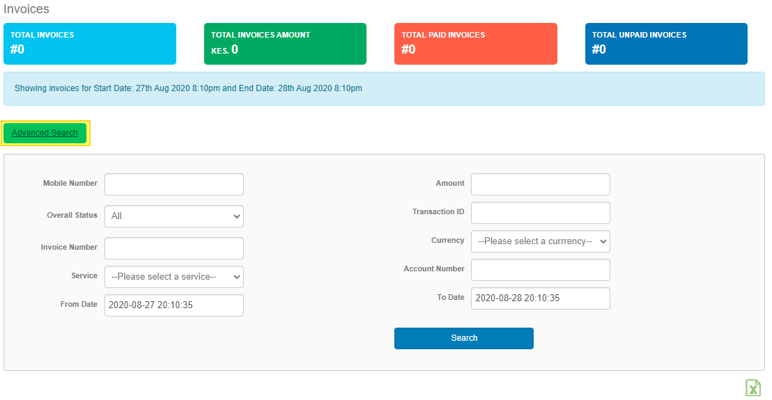 Invoice advanced search fields