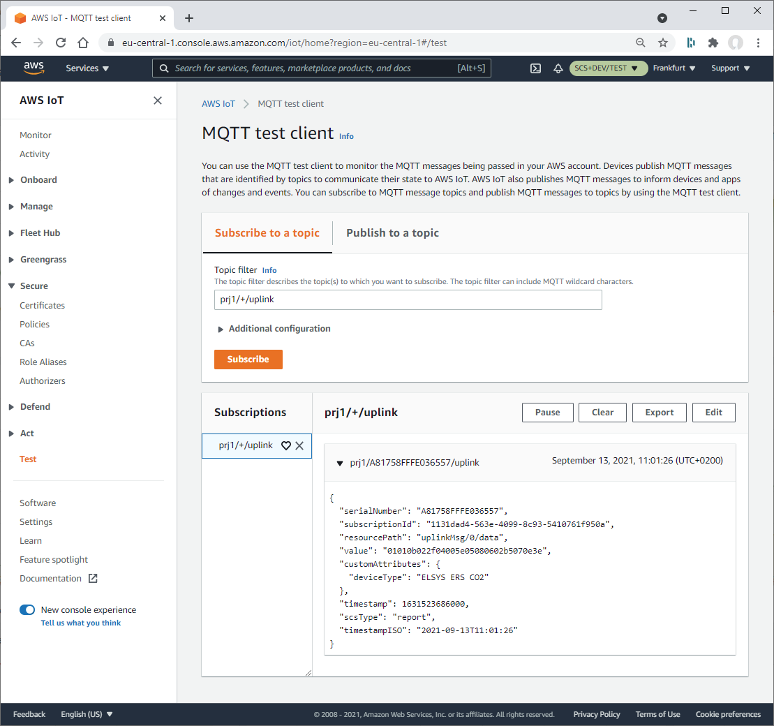 AWS IoT Core MQTT test client