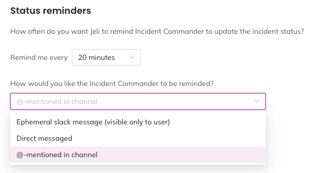 A screenshot of the Jeli web app UI showing how to configure status reminder frequency and methods