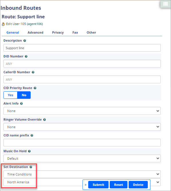 Screenshot of the Inbound Routes page