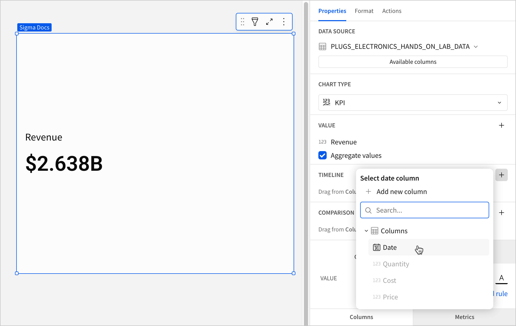 The Select date column popover, with the cursor hovering over a date column named Date, while columns not of the date data type named Quantity, Cost, and Price are grayed out and unavailable to select.