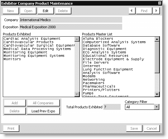 From Exposition, select Process booth orders, open an order, click More, and select Exhibited Products