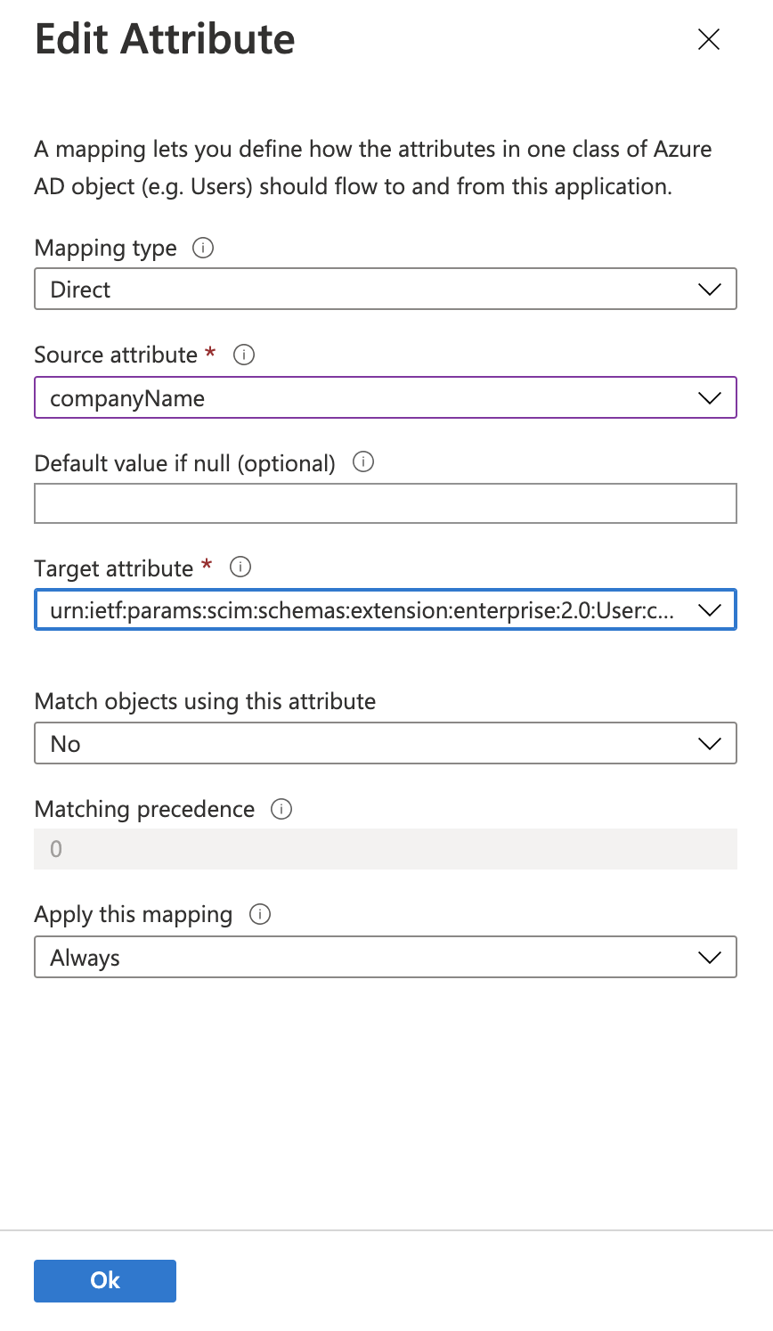 The Microsoft Entra ID Add Attribute Mapping dialog, with companyName mapped to the cost center attribute.