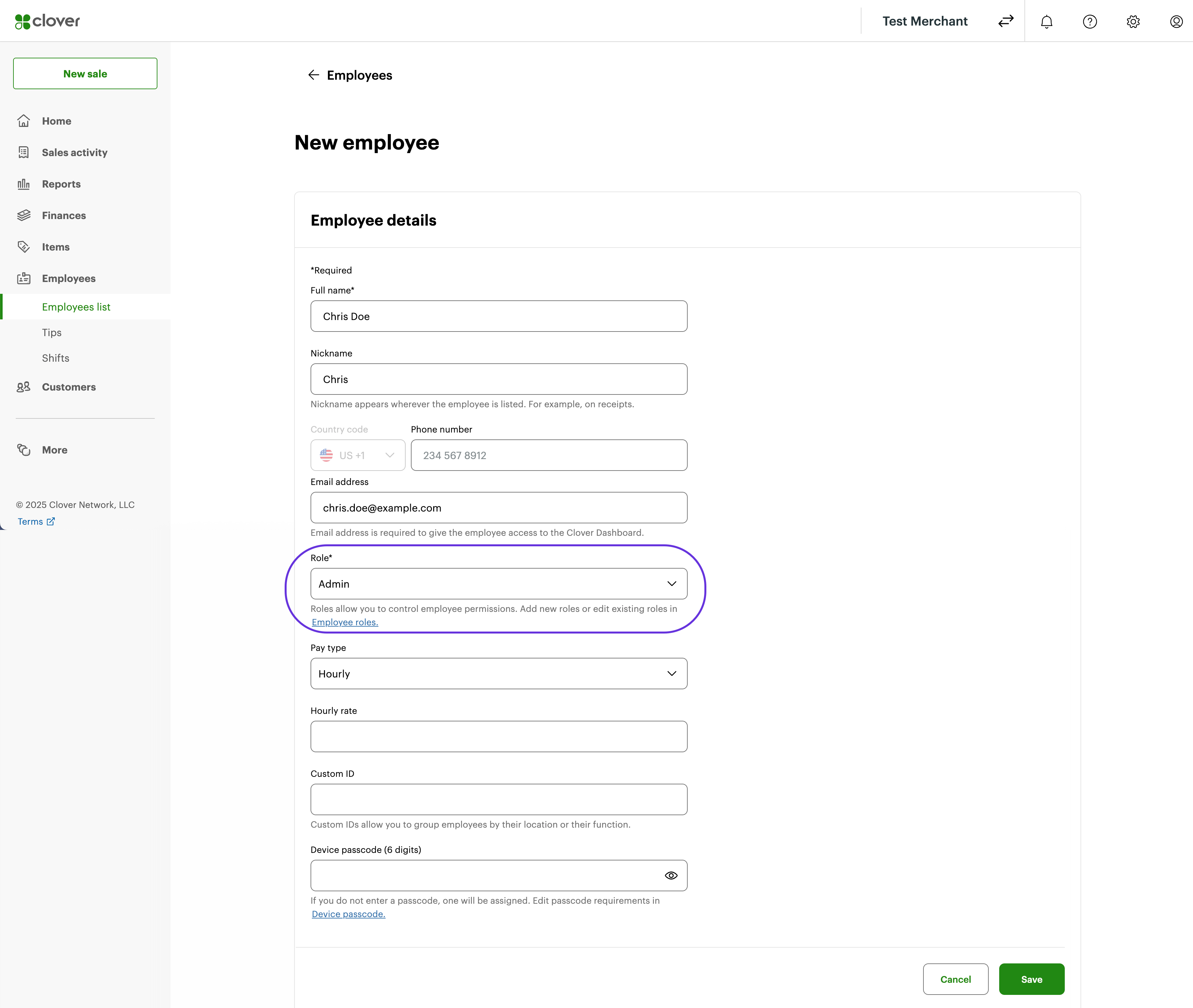 Merchant Dashboard: New employee page