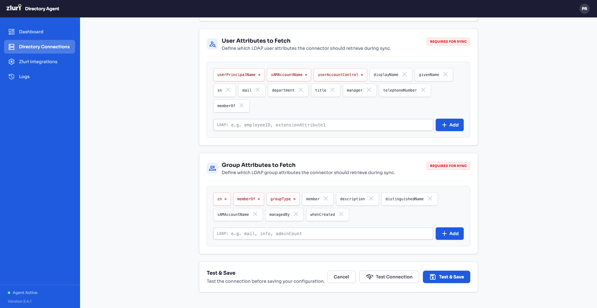 Step 4 & 5 — Attributes to Fetch + Test & Save