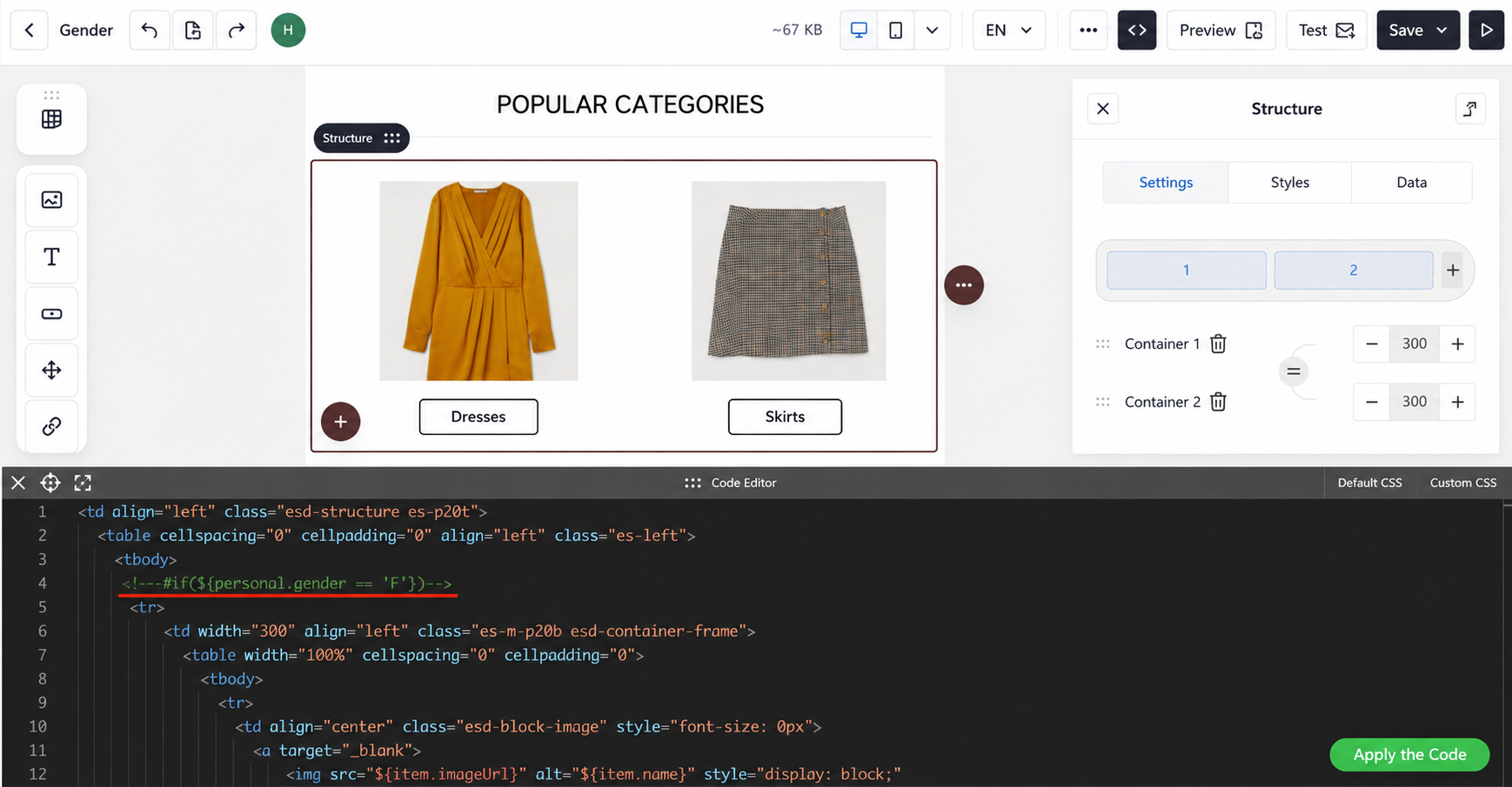 If condition for female gender added above the tr tag in the code editor