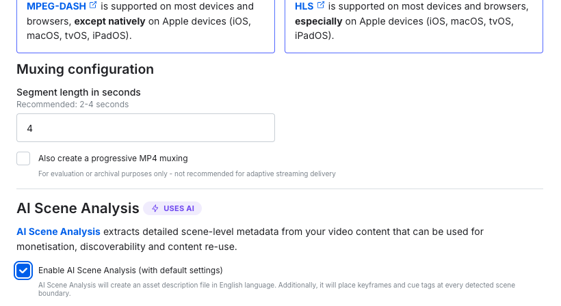 AI Scene Analysis option in the VOD Encoding No-Code Wizard