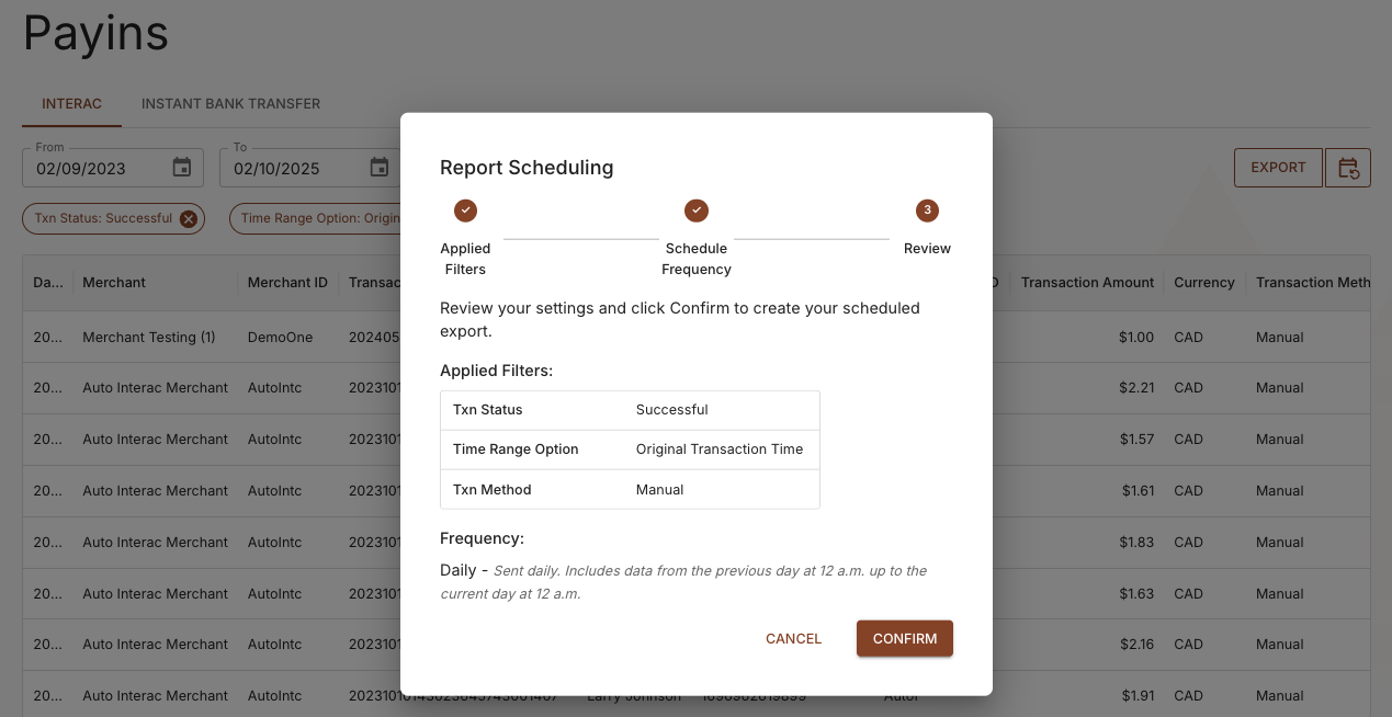 Scheduled Exports Modal > Step 3: Review Applied Filters and Frequency