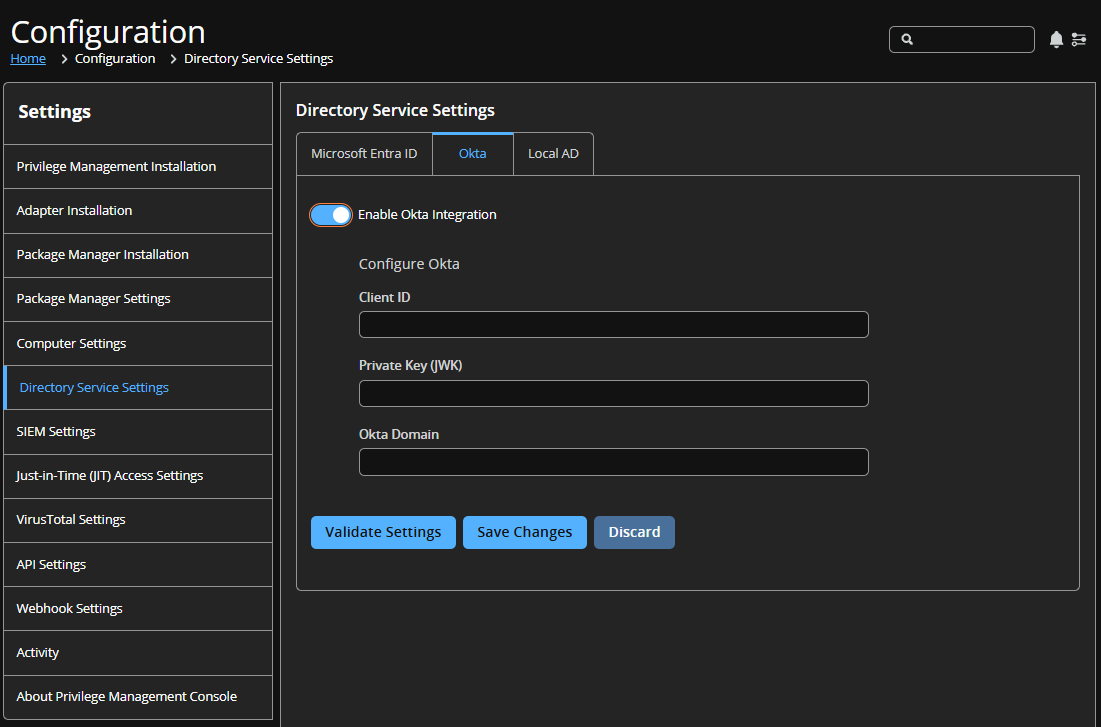 Okata configuration settings as a directory service in EPM