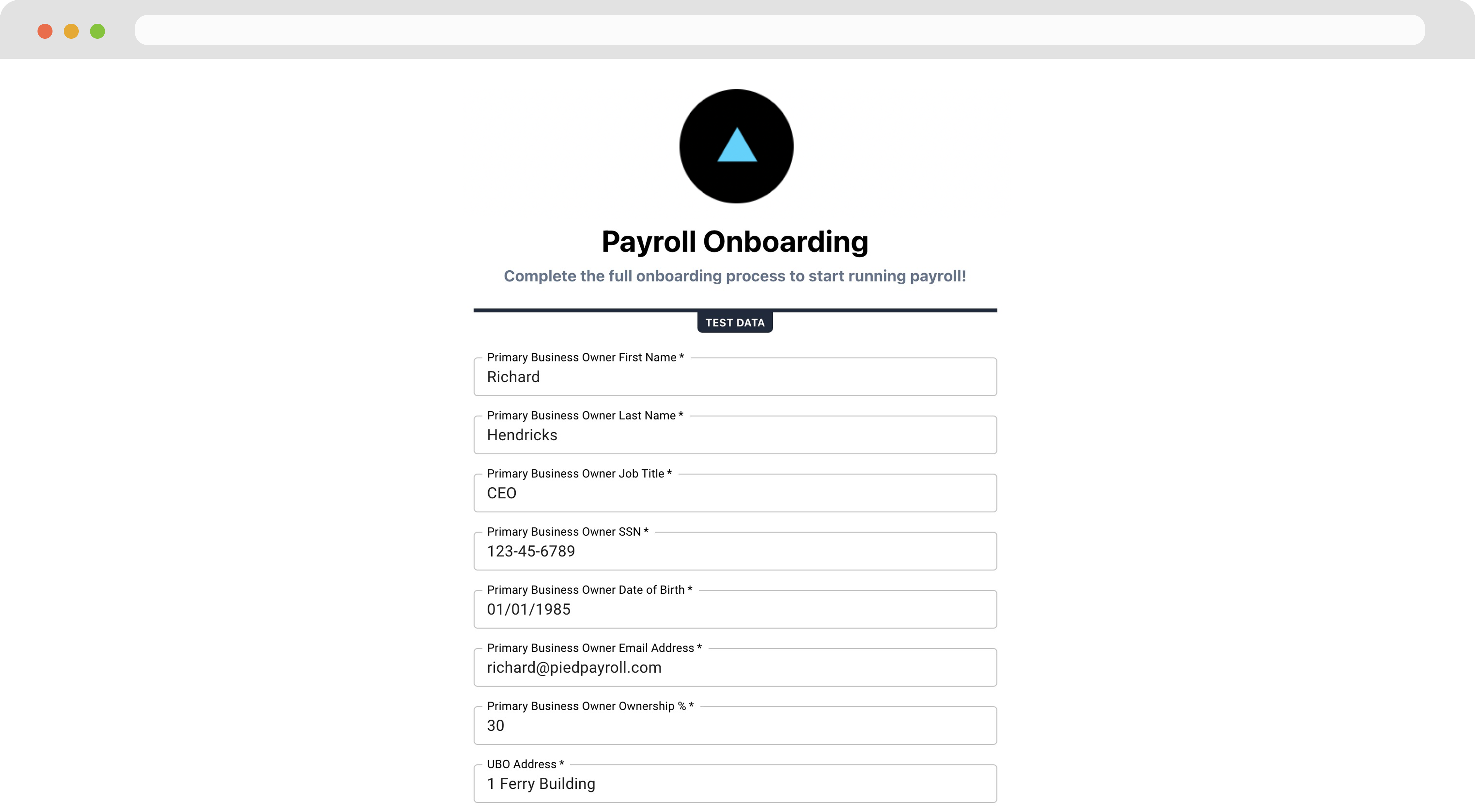 UI of employer onboarding component