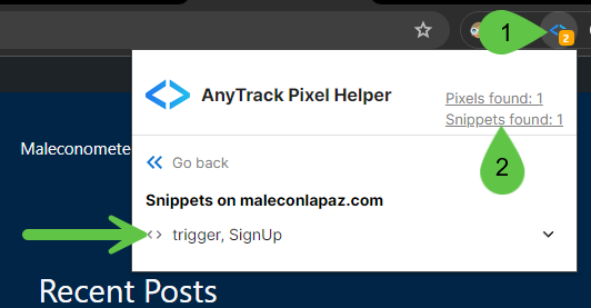 The AnyTrack Pixel Helper Chrome Extension shows all the event snippets found on the page.