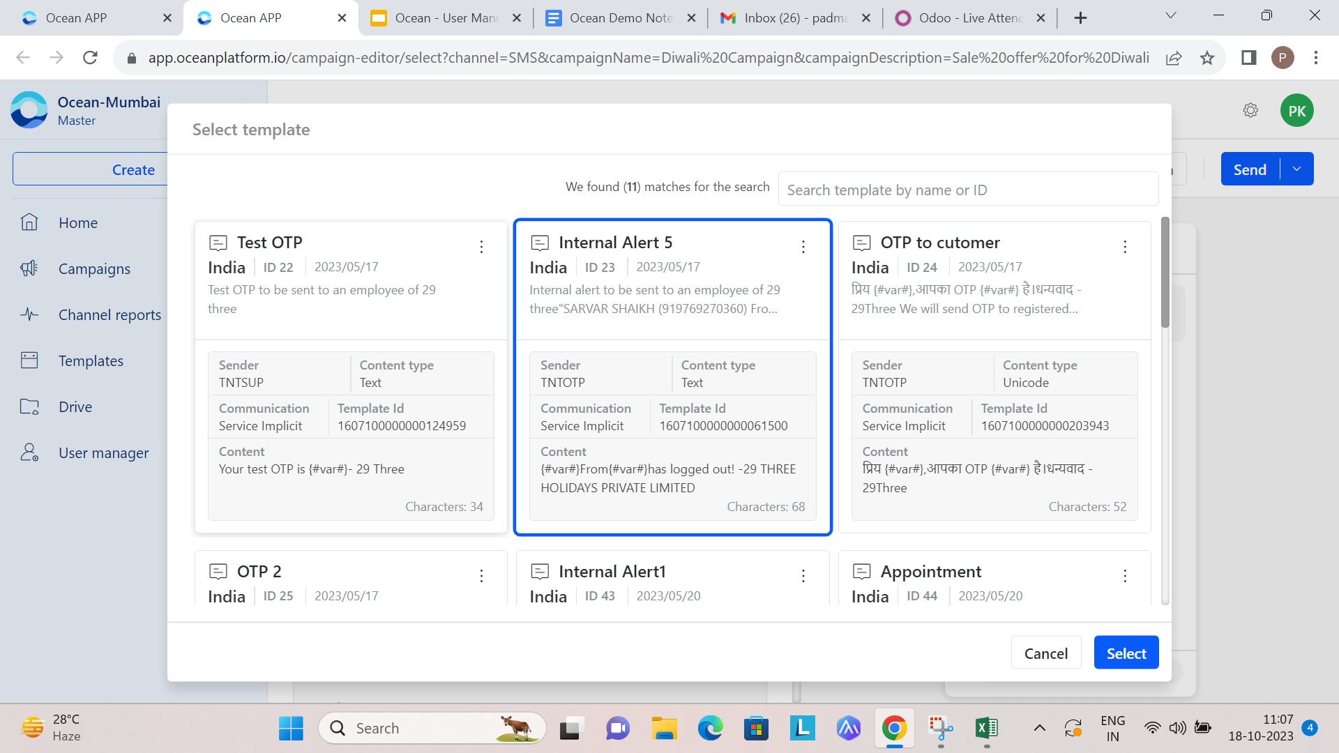 SMS template selection window