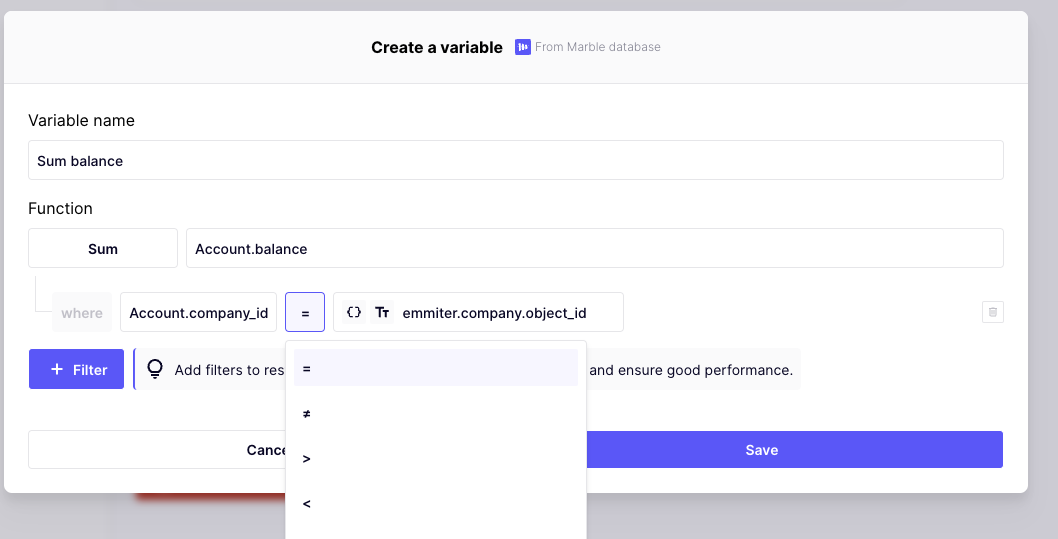 Filter inside a variable builder