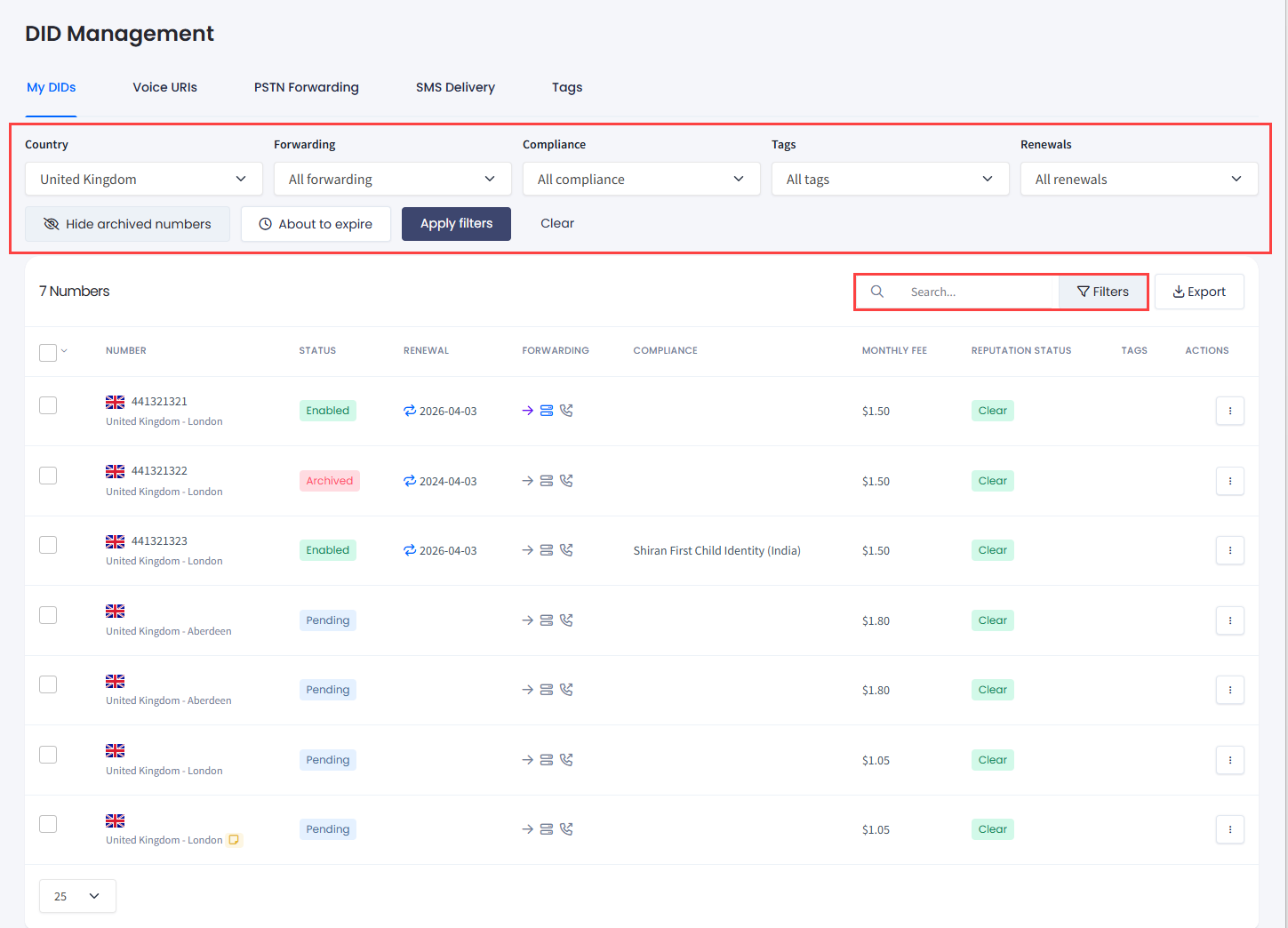 Screenshot of the filtered DID numbers