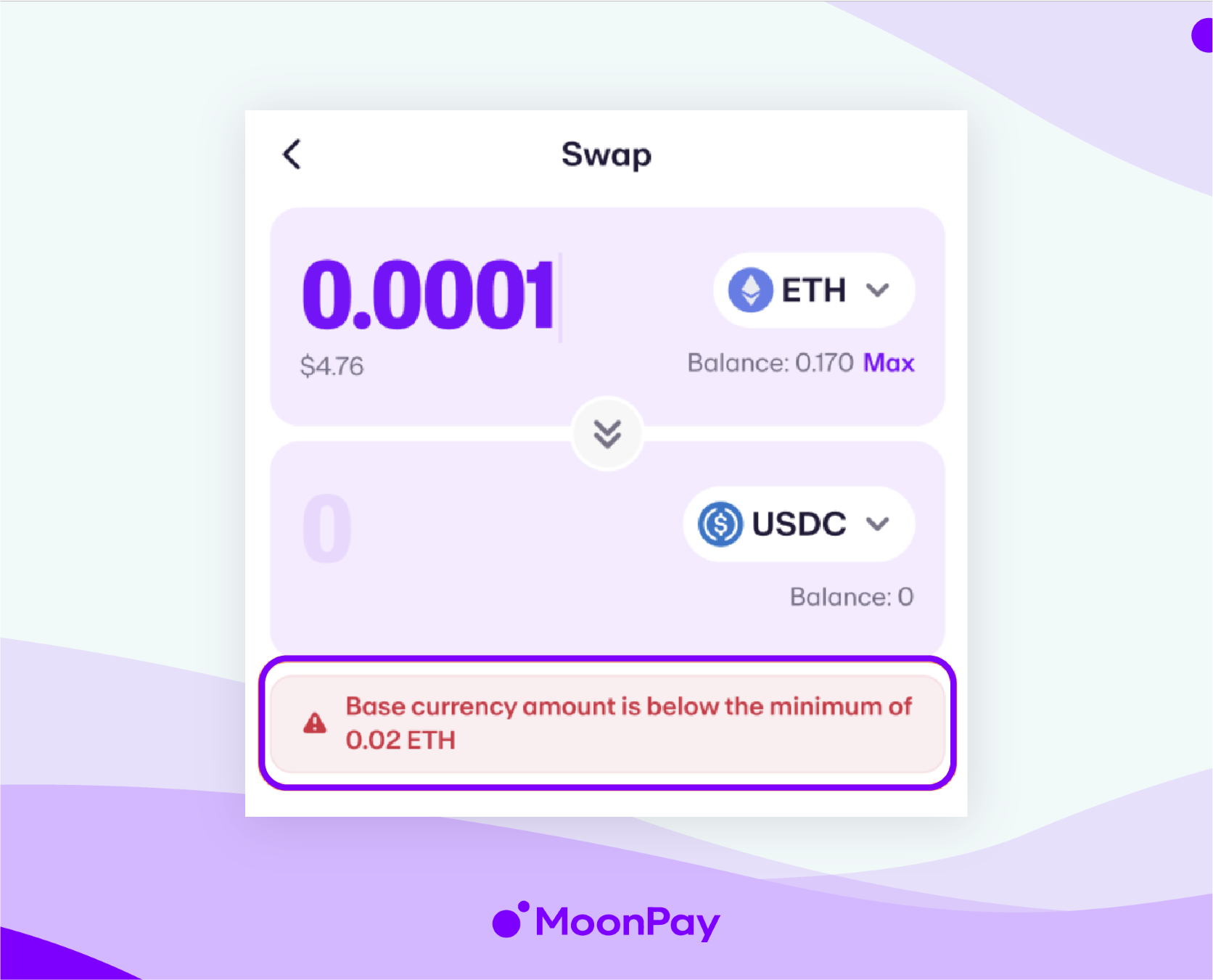 MoonPay's app window shows the amount inputted is below the minimum amount for swapping.