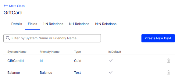 Fields tab of the GiftCard Meta Class listing system and custom fields with System Name, Friendly Name, Type, and Is Default columns