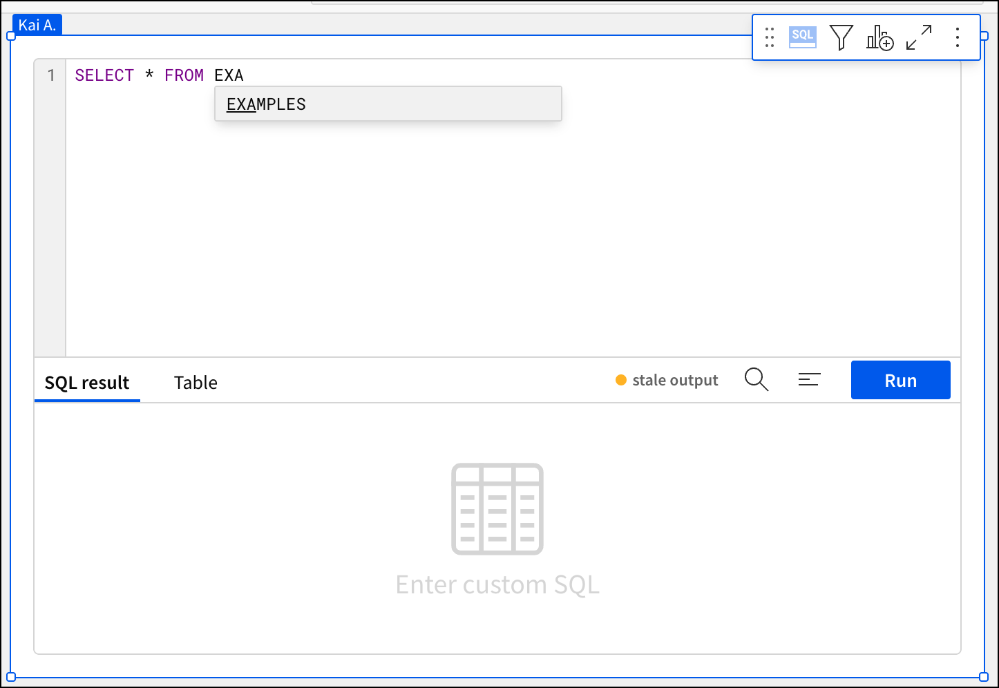 Image of the SQL editor element with an autocomplete suggestion appearing for a SELECT statement