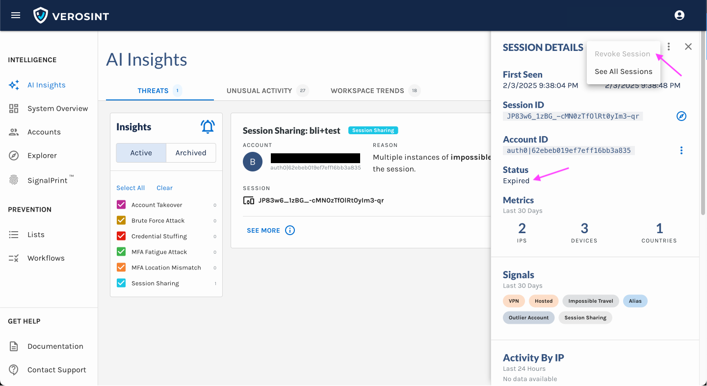 Example of a single revoked session triggered in Verosint for an Auth0 user