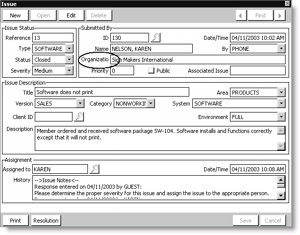 Example of Issue window with a truncated prompt