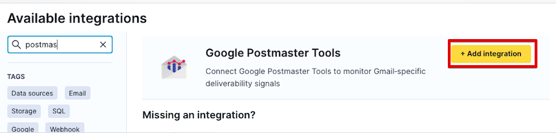 Available integrations page with Google Postmaster Tools search result and Add integration button highlighted.