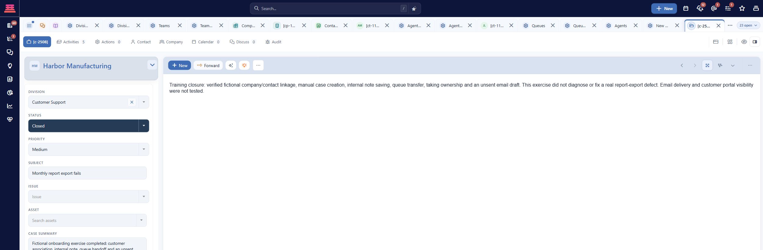 Saved fictional practice case with Status Closed; delivery and portal visibility remain untested.