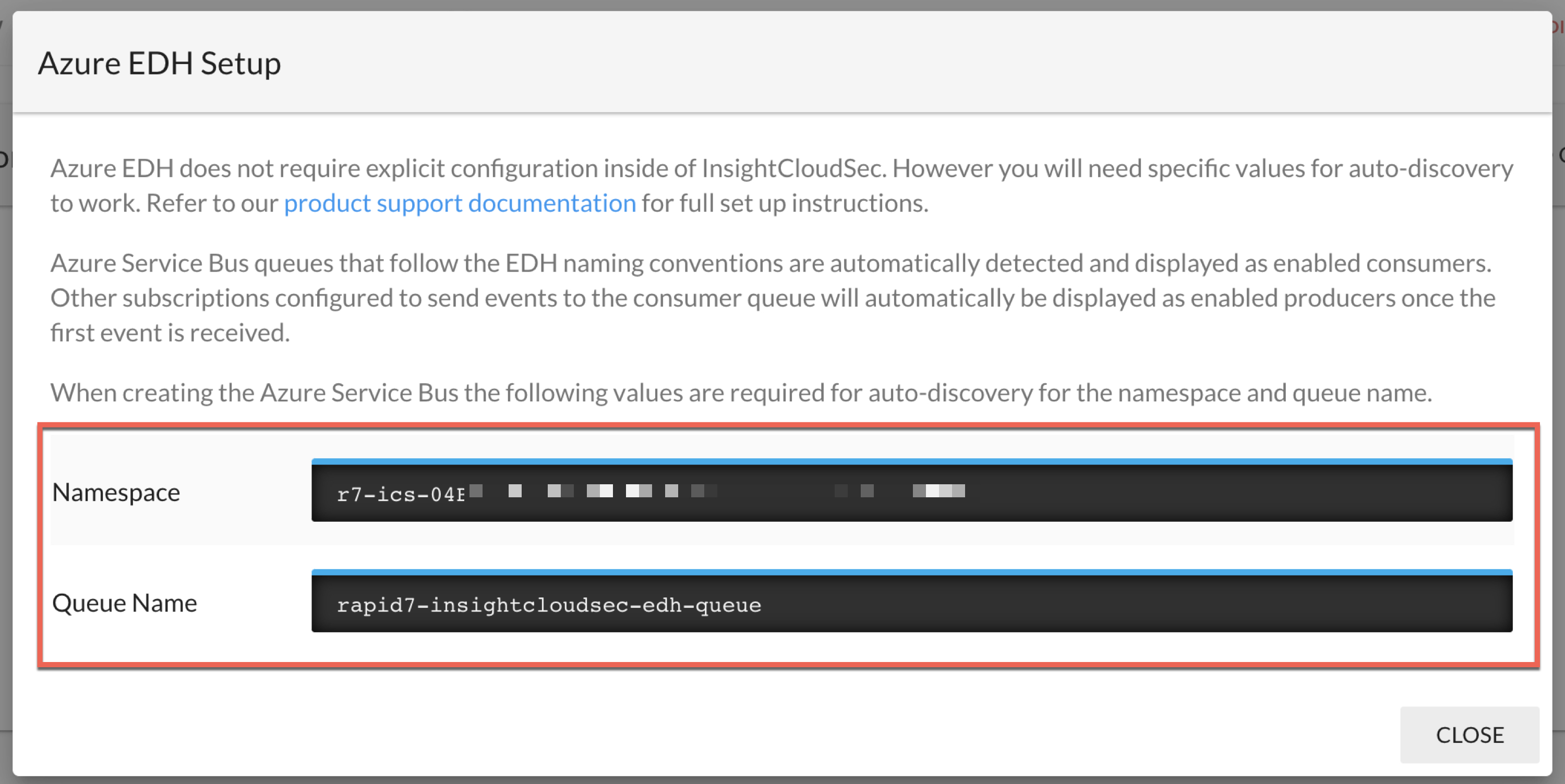 AzureEDHSetupNamespaceID.jpg Namespace ID and Queue Name Details