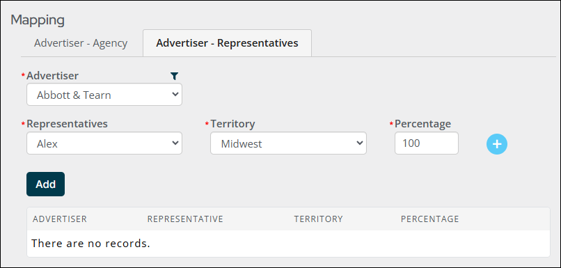 The Territory field is automatically populated with the representative's associated territories.