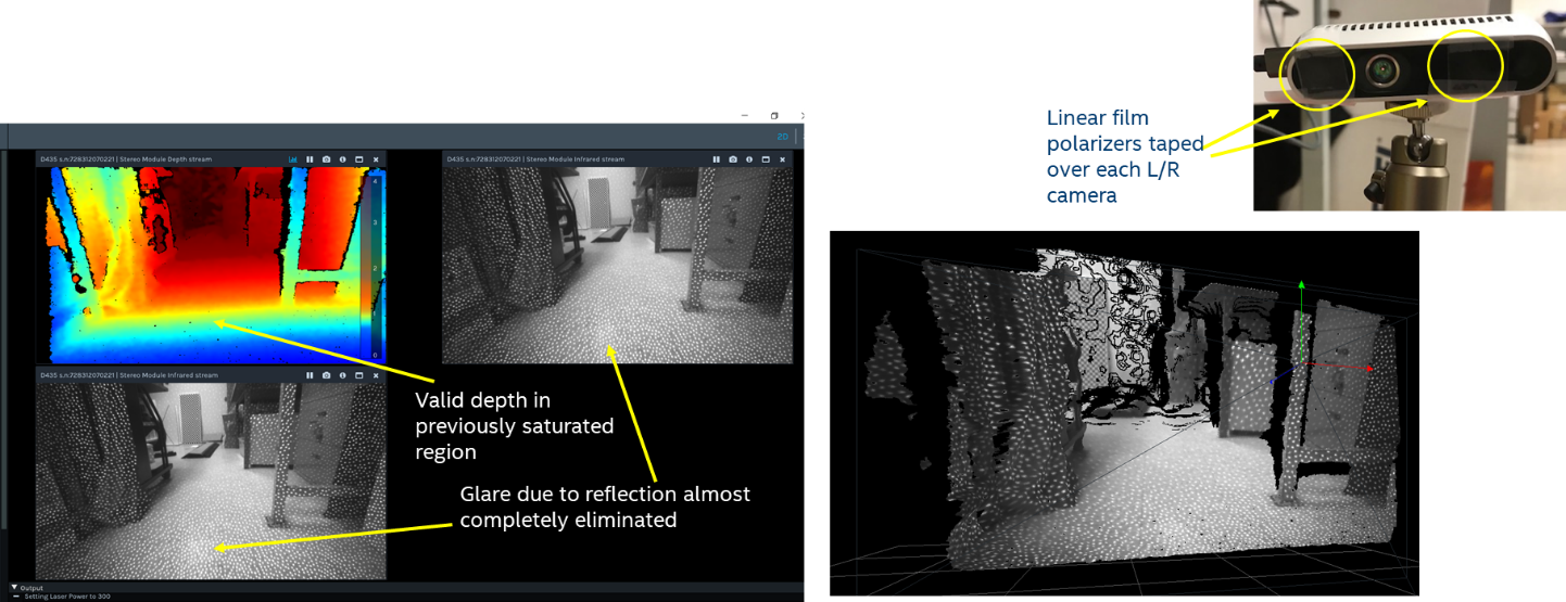 Figure 11b. Same scene as Figure 11a, but with polarizers mounted to the D435 stereo imagers. The glare and local saturation of the ceiling lights off the floor has been removed, and the depth map (on the right) no longer has a hole in the floor.