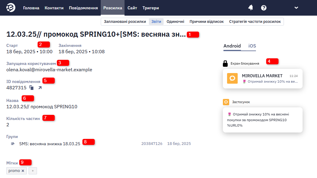 Блок Загальна інформація звіту SMS-розсилки з назвою, датою, ID та попереднім переглядом повідомлення