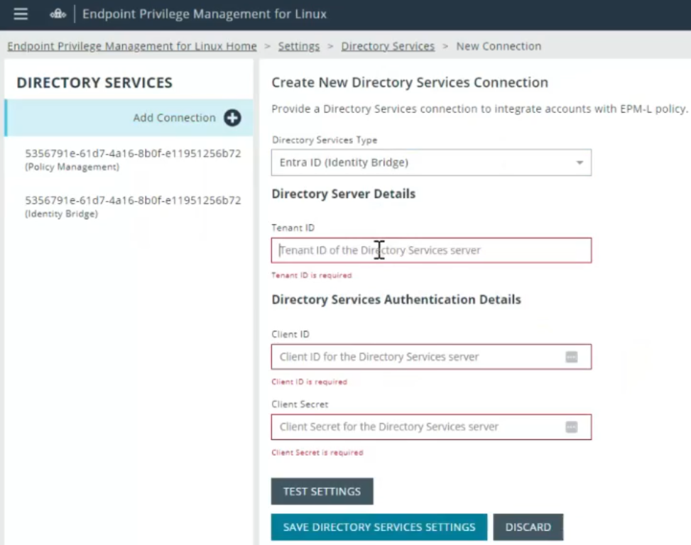 Required settings to create directory services connection