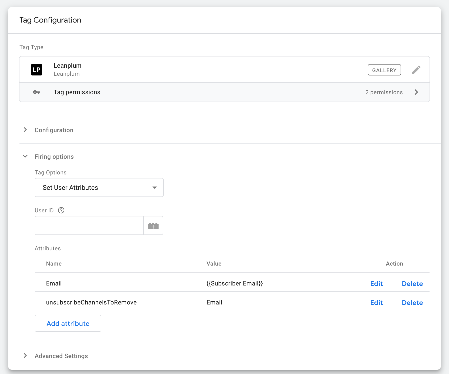 A screenshot of the Google Tag Manager configuration for updating the user attributes.